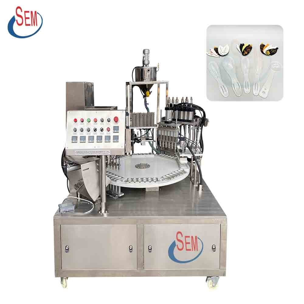 Working process of semi-automatic six-head plastic honey spoon filling and sealing machine: