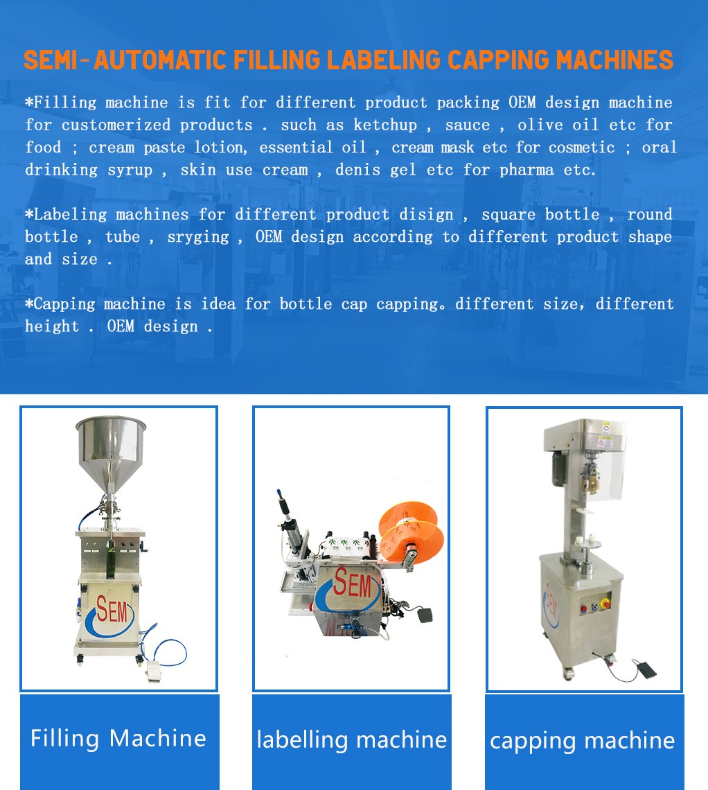 Semi-automatic filling labeling and capping machine