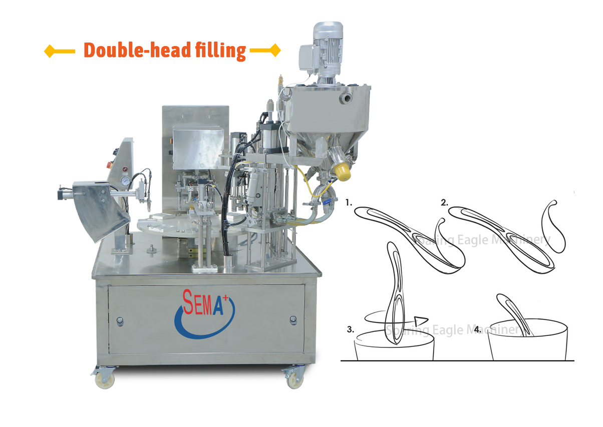 2 nozzles Automatic rotary high speed cup packing machine plastic cup honey spoon filling sealing machine